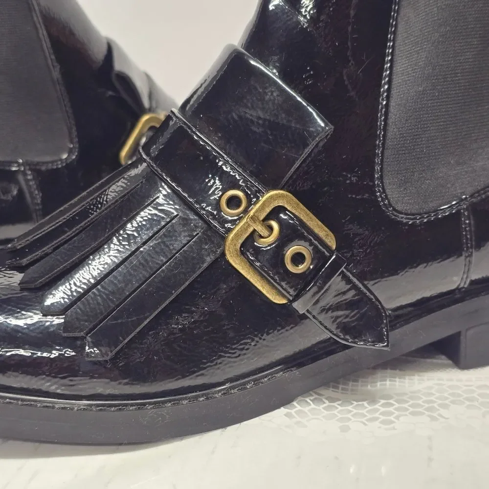 Marc Fisher Brigita Kiltie Buckle Booties In Black Patent Faux Leather Size 9.5